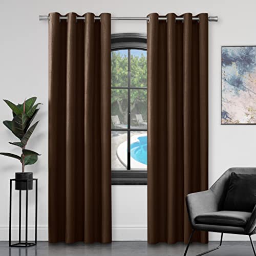 Luksusowe zasłony ze sztucznego jedwabiu z oczkami w pełni wyściełane pierścień górna zasłona para z dwoma zapięciami do wiązania, Choco, 230 x 230 cm