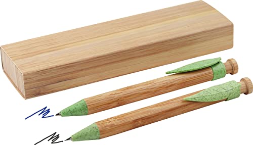 MPM bambusowy długopis i zestaw ołówków ze słomą pszeniczną, elegancki zestaw 2 sztuk, niebieski atrament i ołówek, jasne drewno/zieleń, ekologiczne pudełko prezentowe, przyjazne dla środowiska,