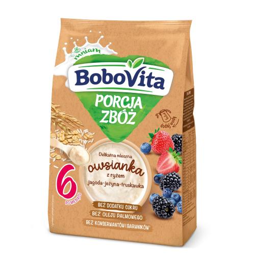BoboVita Porcja zbóż Kaszka mleczna owsianka z ryżem jagoda-jeżyna-truskawka, 210g - >>> DARMOWA od 99zł