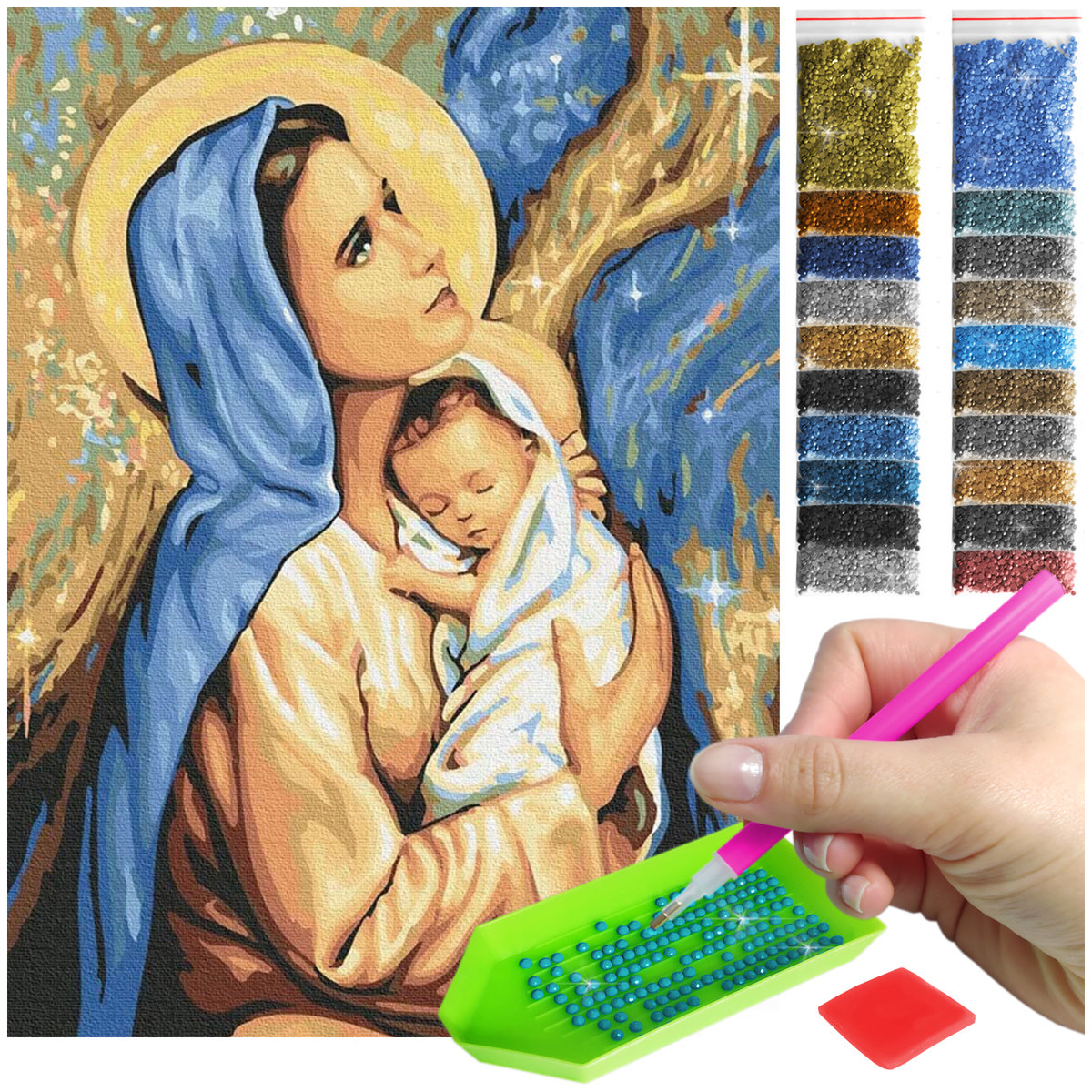 Haft Diamentowy ARTULIO, Obraz DIY 5D, Diamond Painting, Mozaika diamentowa 30x40cm (Matka Boska z małym Dzieciątkiem) + zestaw akcesoriów
