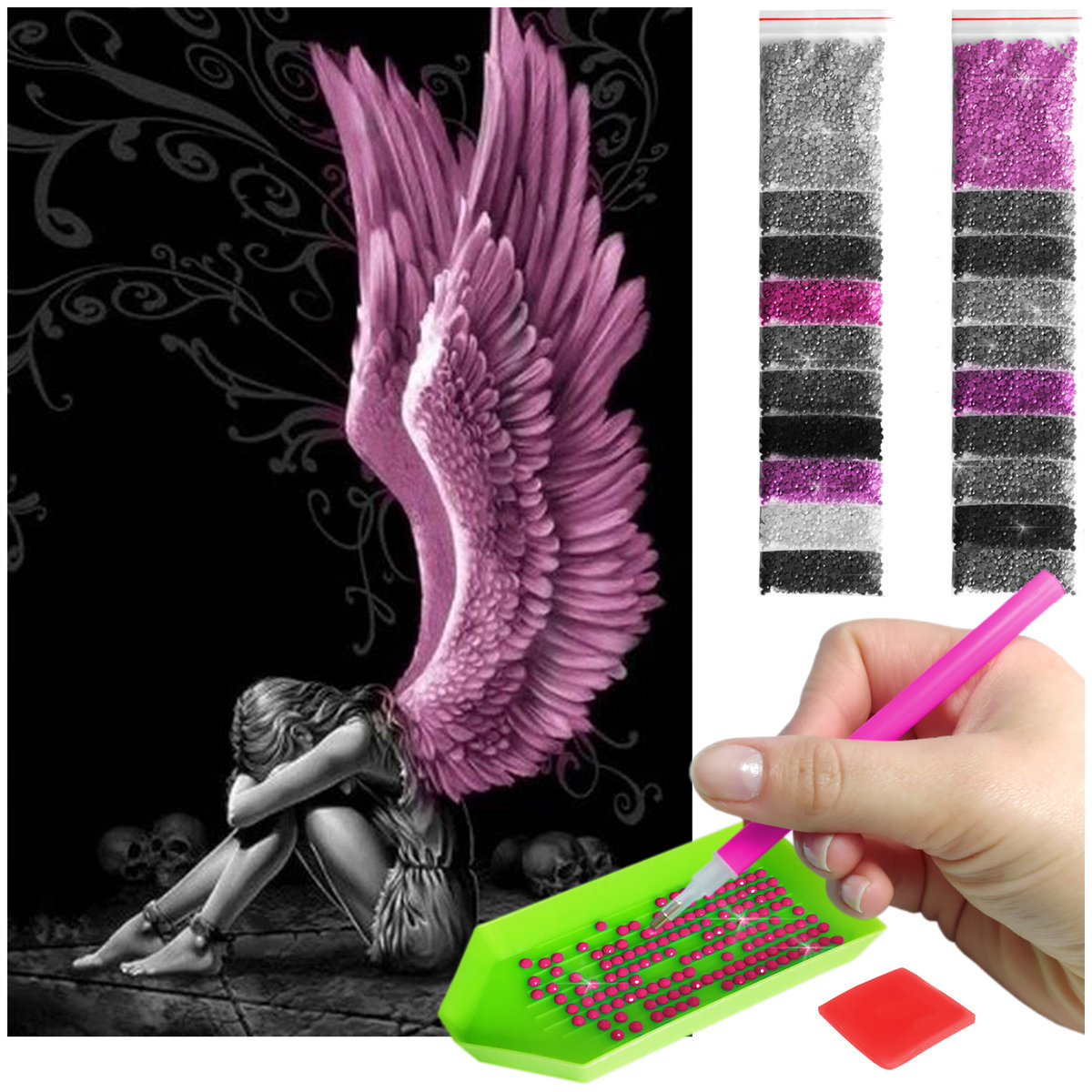 Haft Diamentowy ARTULIO, Obraz DIY 5D, Diamond Painting, Mozaika diamentowa 40x60cm (Anioł z różowymi skrzydłami) + zestaw akcesoriów