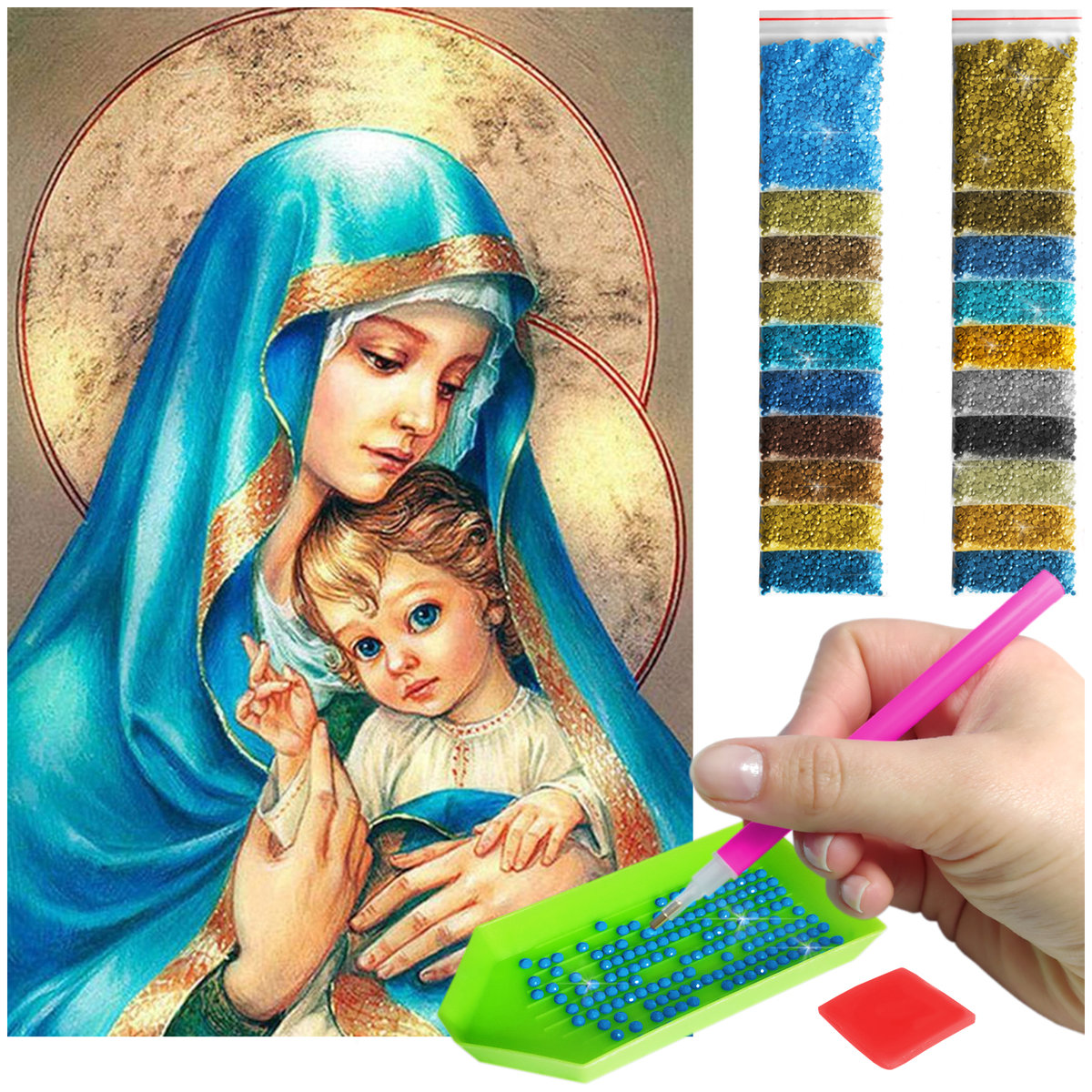 Haft Diamentowy ARTULIO, Obraz DIY 5D, Diamond Painting, Mozaika diamentowa 40x60cm (Matka Boska z Jezuskiem) + zestaw akcesoriów