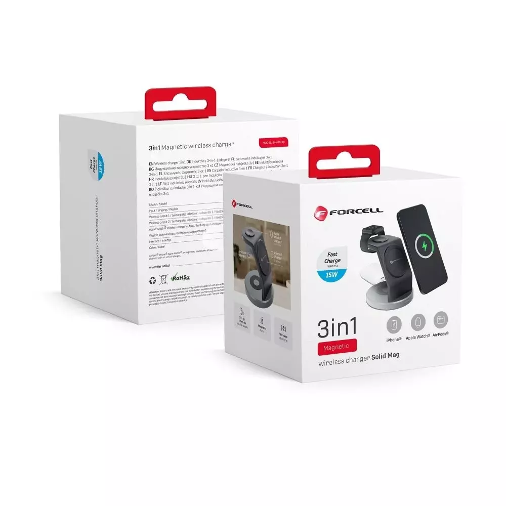 Ładowarka indukcyjna Qi 3w1 FORCELL 15W Solid Mag Charger wspiera ładowanie z MagSafe czarna