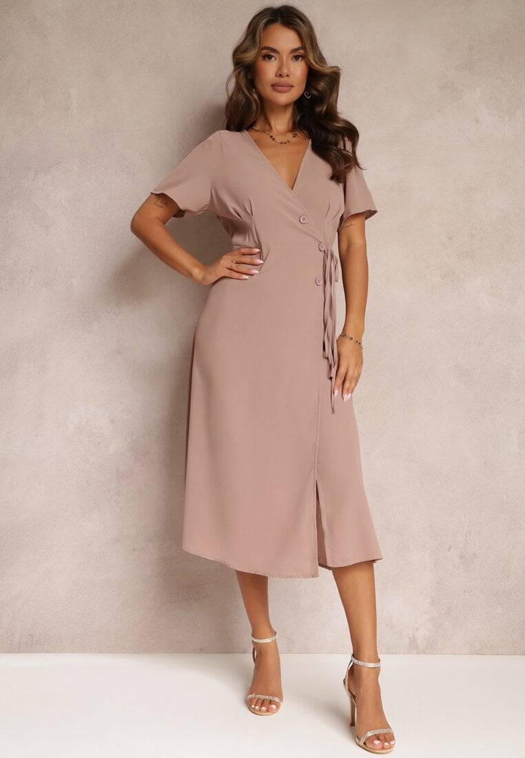 Ciemnobeżowa Sukienka Midi z Kopertowym Dekoltem i Wiązaniem w Pasie Elisanu