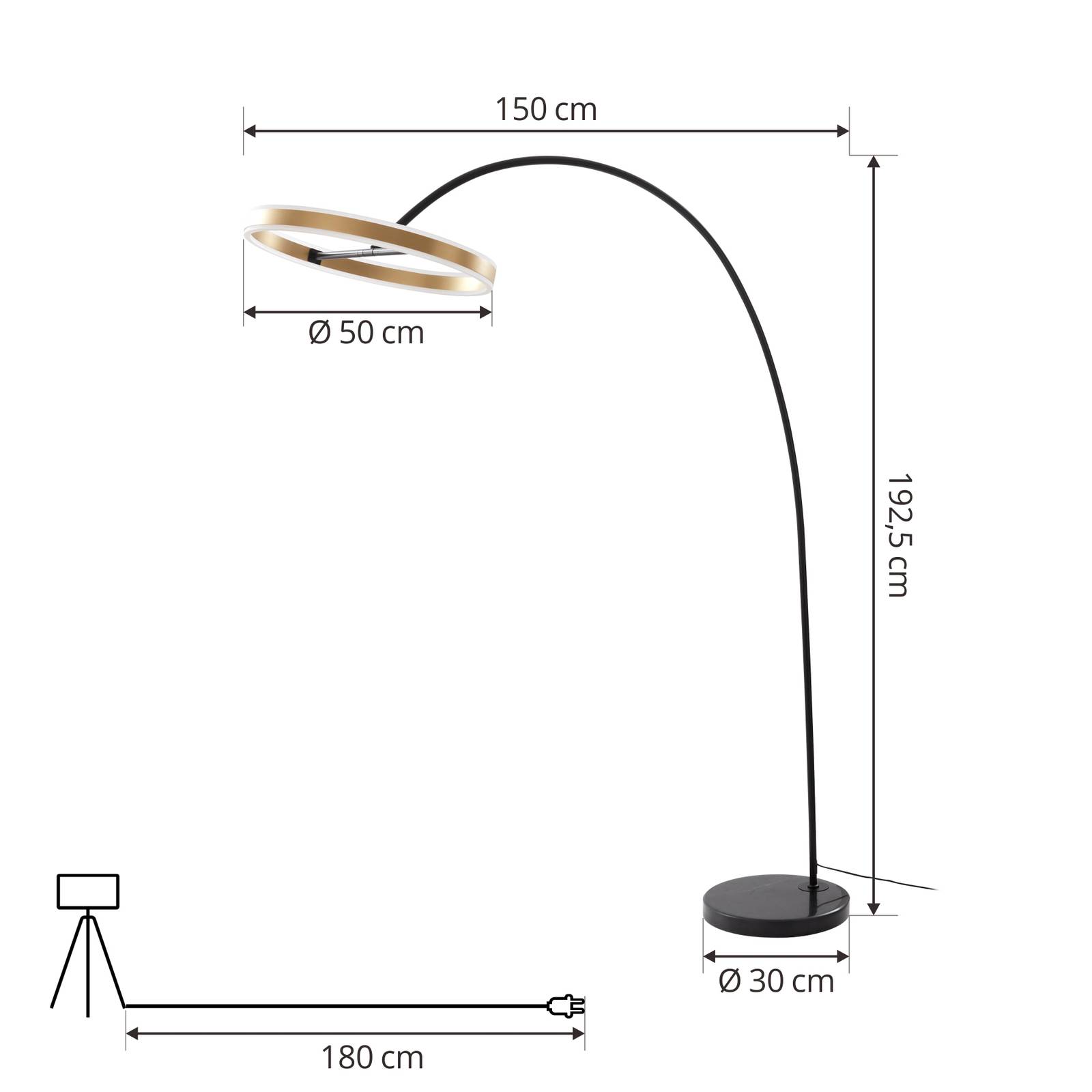 Lampa podłogowa łukowa LED Lucande Yekta, 3-stopniowa, w kolorze mosiądzu