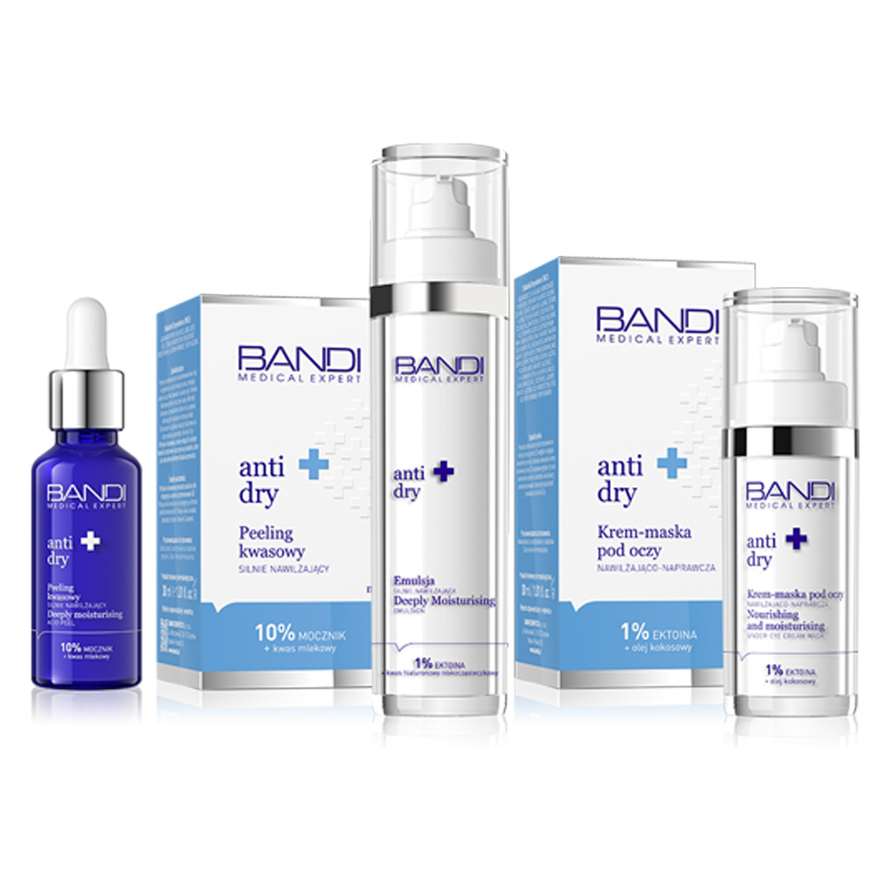 Bandi Medical Expert anti dry, zestaw do pielęgnacji twarzy silnie nawilżający, emulsja + peeling + krem-maska