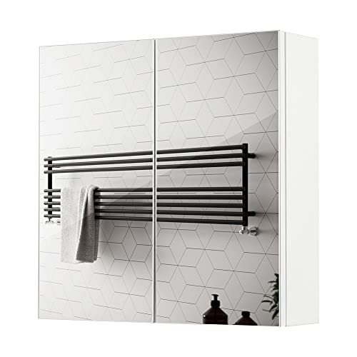 Meerveil - Lustrzana szafka toaletowa - lustro łazienkowe z 2 drzwiami pełne lustro 2 półki nowoczesne drewno, 45 x 13 x 45 cm białe