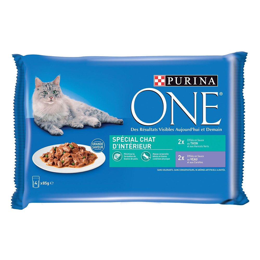 PURINA ONE Indoor Cat 4 x 85 g - tuńczyk, cielęcina