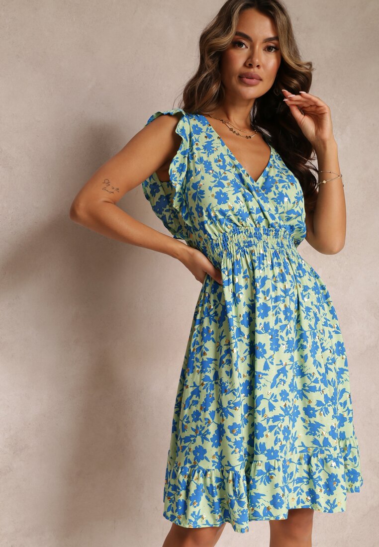 Jasnozielona Wiskozowa Sukienka o Rozkloszowanym fasonie z Metalicznym Nadrukiem Aurasana