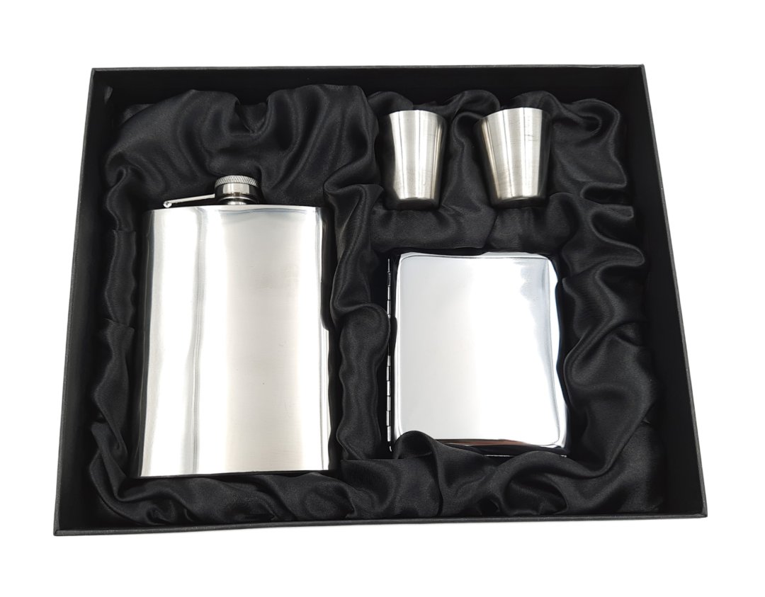Zestaw upominkowy papierośnica kieliszki piersiówka prezent upominek