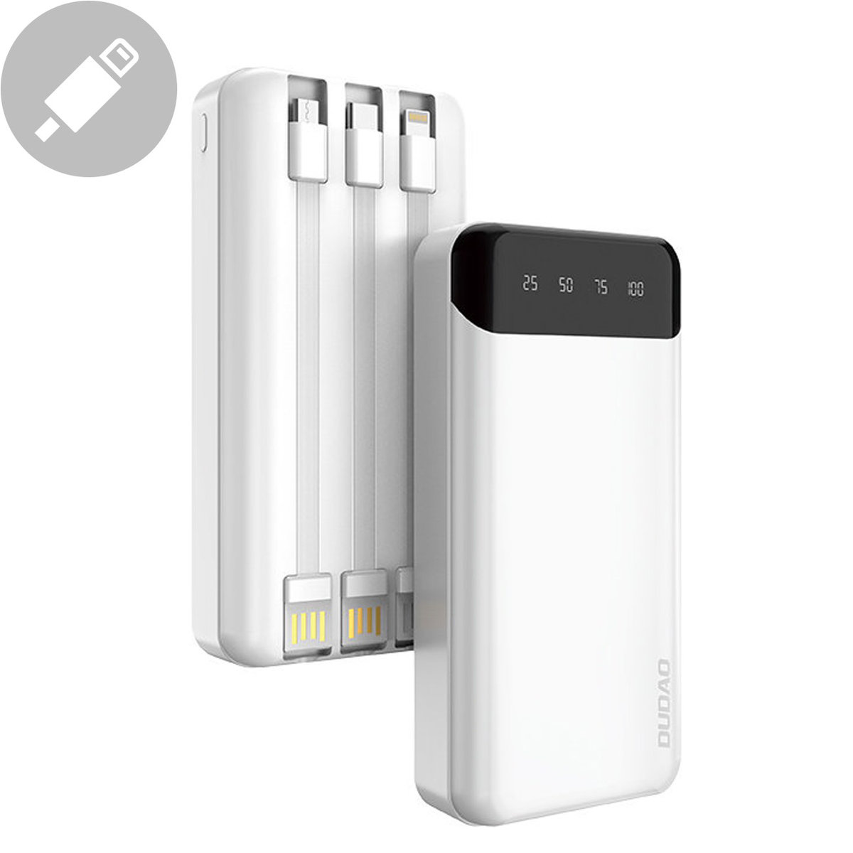 Dudao pojemny powerbank z 3 wbudowanymi kablami 20000mAh USB Typ C + micro USB + Lightning biały K6Pro+) hurtel-82317-0