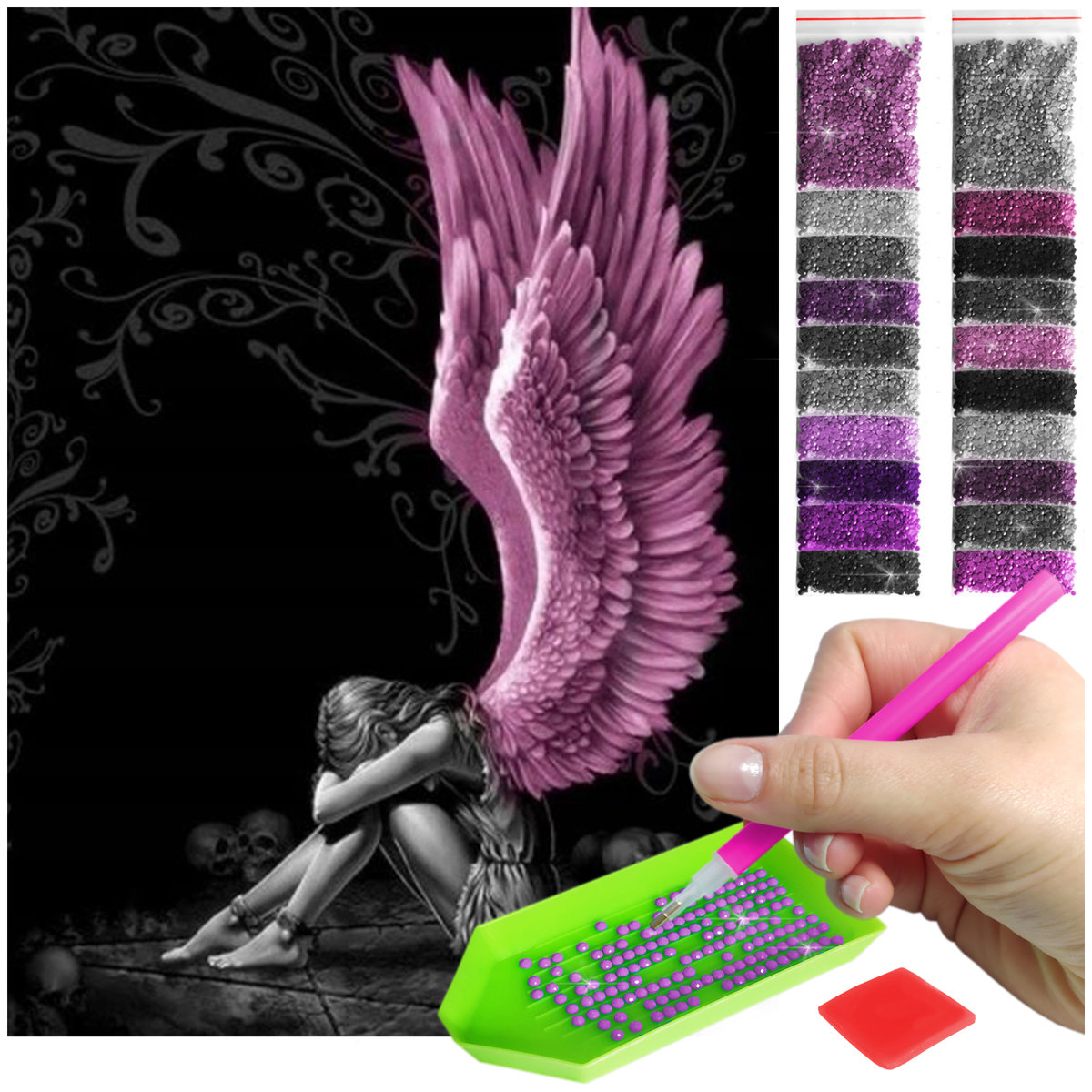 Haft Diamentowy ARTULIO, Obraz DIY 5D, Diamond Painting, Mozaika Diamentowa 30X40cm (Anioł z różowymi skrzydłami) + Zestaw Akcesoriów