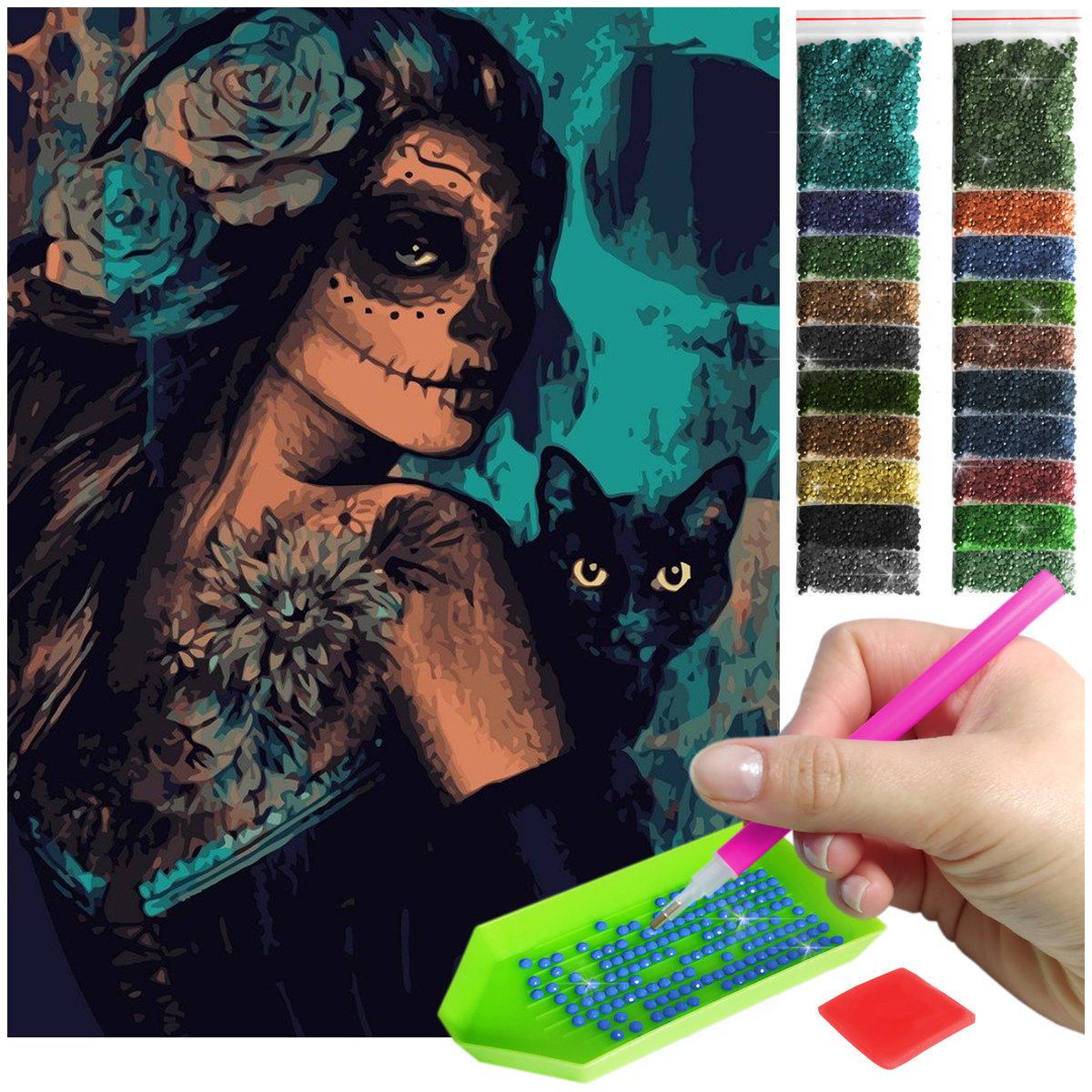 Haft Diamentowy ARTULIO, Obraz DIY 5D, Diamond Painting, Mozaika diamentowa 30x40cm (Majestatyczna kobieta z kotem) + zestaw akcesoriów