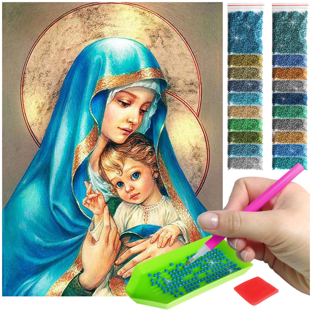 Haft Diamentowy ARTULIO, Obraz DIY 5D, Diamond Painting, Mozaika diamentowa 30x40cm (Matka Boska przytulająca Dzieciątko) + zestaw akcesoriów