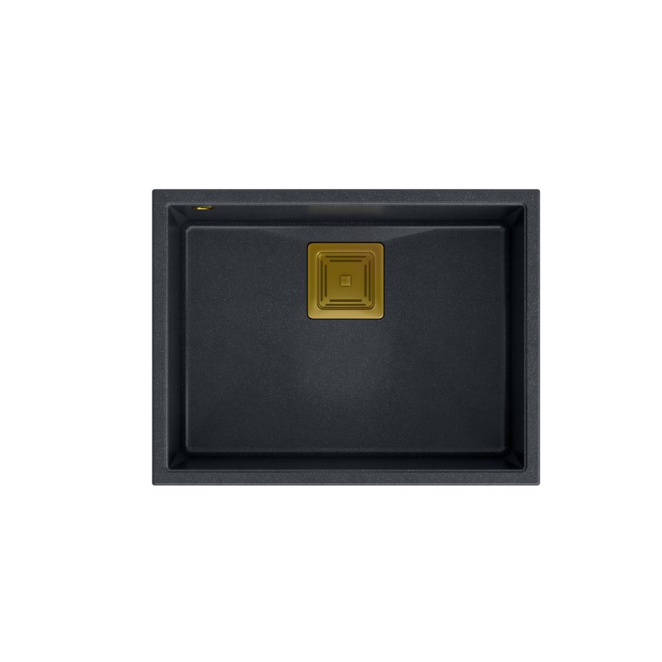 QUADRON Zlewozmywak granitowy jednokomorowy podwieszany 55 42 22,5 cm DAVID 50 czarny metalik ze złotym odpływem