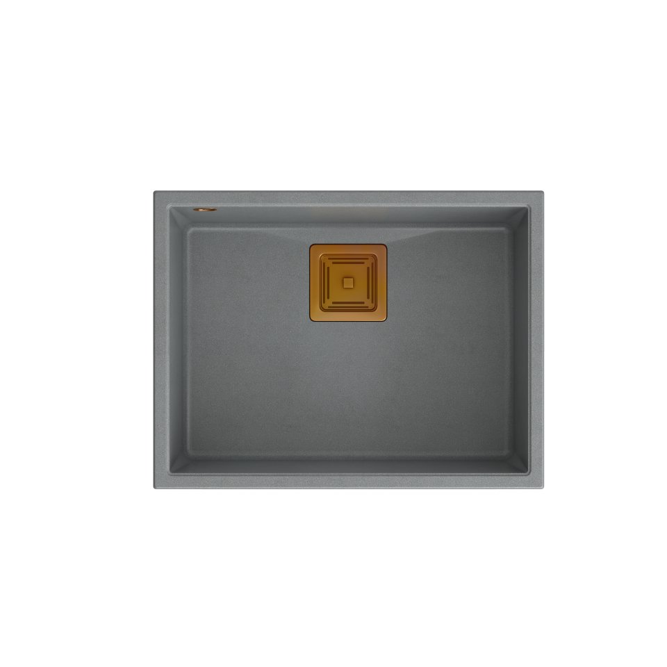QUADRON Zlewozmywak granitowy jednokomorowy podwieszany 55 42 22,5 cm DAVID 50 szary metalik z miedzianym odpływem