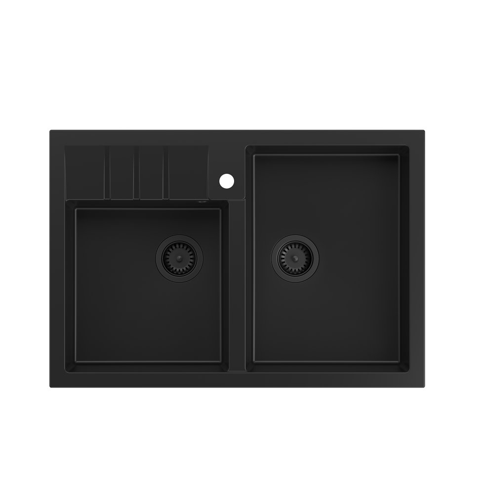 Quadron Unique Zlewozmywak granitowy dwukomorowy nakładany BILL 120 GRANITEQ PURE CARBON z czarnym odpływem
