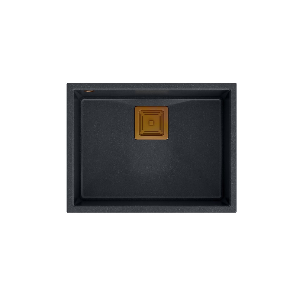 QUADRON Zlewozmywak granitowy jednokomorowy podwieszany 55 42 22,5 cm DAVID 50 czarny metalik z miedzianym odpływem