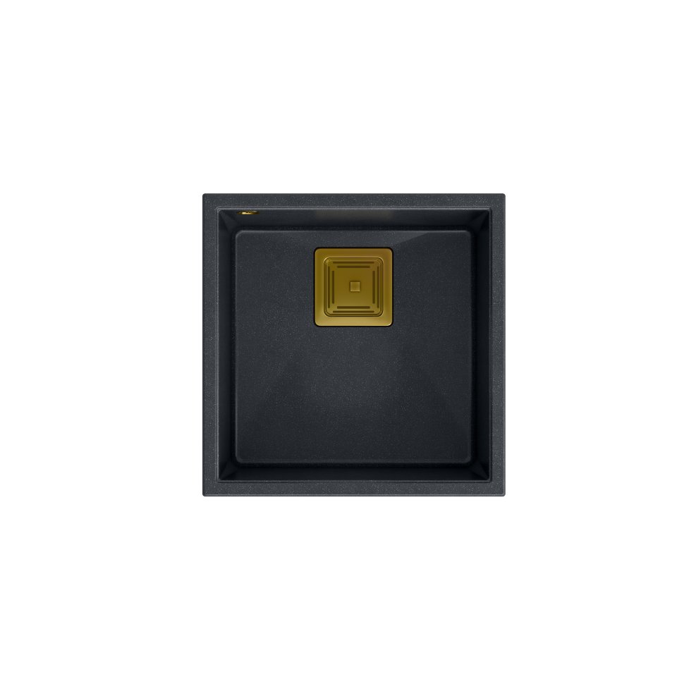 QUADRON Zlewozmywak granitowy jednokomorowy podwieszany 42 42 22,5 cm DAVID 40 czarny metalik ze złotym odpływem HQD4242U8-G1