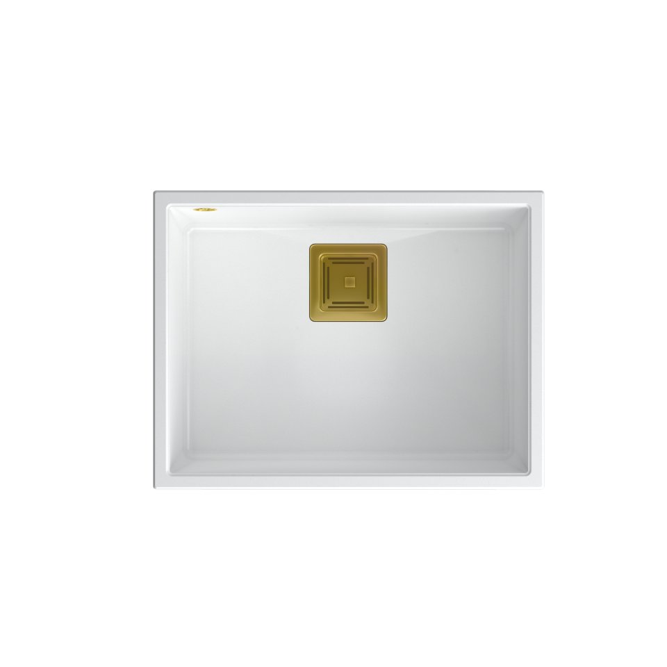 QUADRON Zlewozmywak granitowy jednokomorowy podwieszany 55 42 22,5 cm DAVID 50 biały metalik ze złotym odpływem