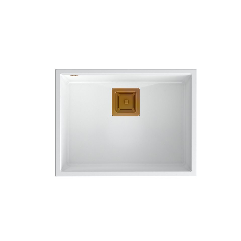 QUADRON Zlewozmywak granitowy jednokomorowy podwieszany 55 42 22,5 cm DAVID 50 biały metalik z miedzianym odpływem