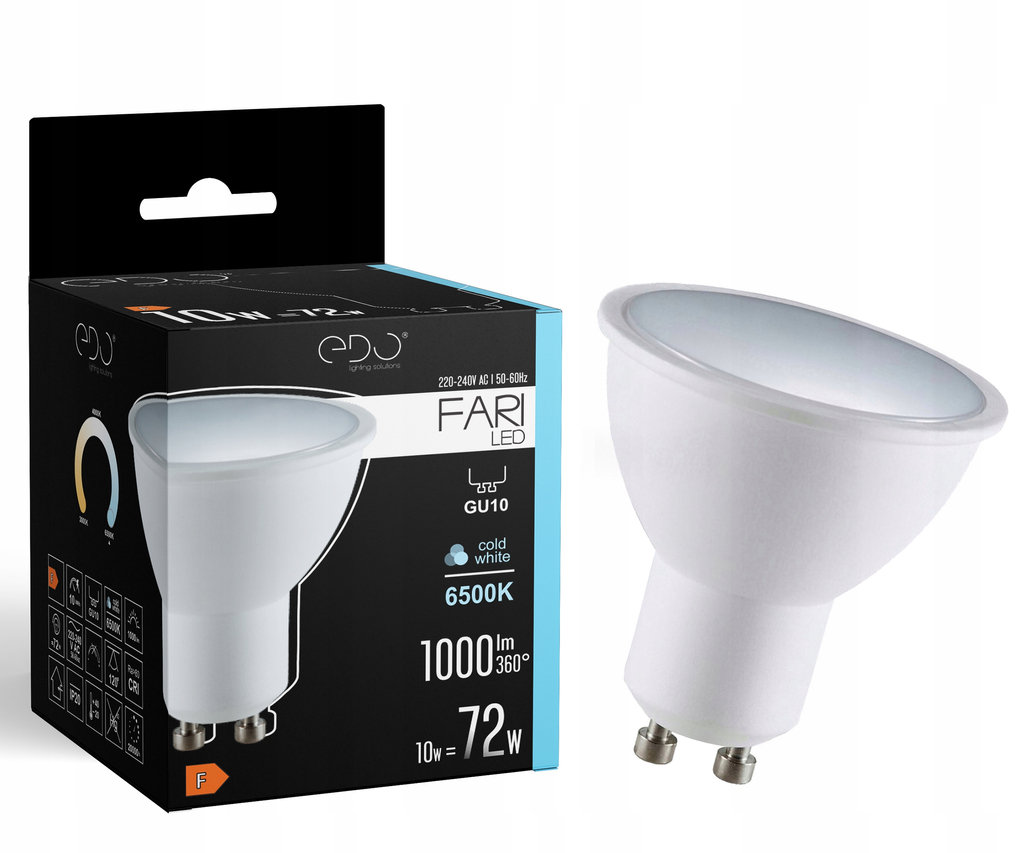 Żarówka FARI LED GU10 10W 6500K zimna CW 1000lm 120st Edo Solutions