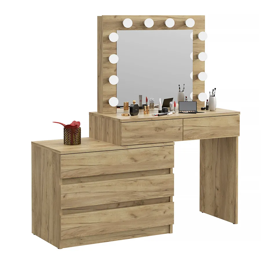 Narożna duża toaletka z lustrem i oświetleniem led dąb craft T9-A45