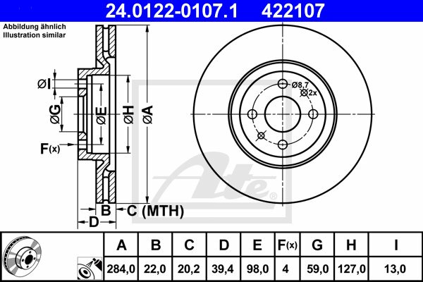 ATE TARCZA HAM 24.0122-0107.1 ALFA 145 1.8IE 16V 98-01, 2.0 16V TS 95-01. FIAT MULTIPLA 1.6 16V 99-, 1.9JTD 02-  24.0122-0107.1