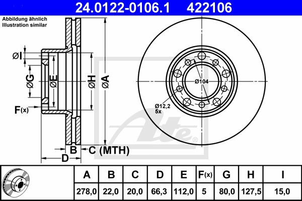 ATE Tarcza hamulcowa 24.0122-0106.1 (24.0122-0106.1) (HELLA: 8DD 355 100-081 MER