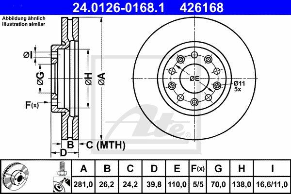 ATE TARCZA HAM 24.0126-0168.1 FIAT 500X 1.3D MJ 15-/ ALFA GIULIETTA 1.6JTDM 15-  24.0126-0168.1