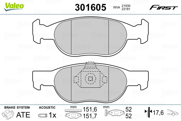 VALEO Zestaw klocków hamulcowych, hamulce tarczowe 301605
