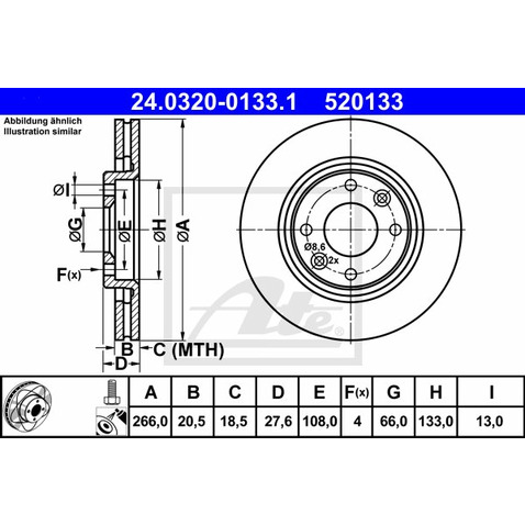 ATE TARCZA HAM POWER DISC 24.0320-0133.1 PEUGEOT 206 1.6 16V 07-/ CITROEN XSARA PICASSO 1.6 16V 05-  24.0320-0133.1