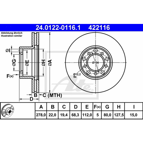 ATE TARCZA HAM 24.0122-0116.1 MERCEDES S-KLASA W126 280 79-85, 380 79-86  24.0122-0116.1