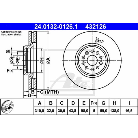 ATE TARCZA HAM 24.0132-0126.1 FIAT ULYSSE 2.2D MJ 08-11/ CITROEN C8 2.2HDI 07-/ PEUGEOT 807 3.0 V6 02-  24.0132-0126.1