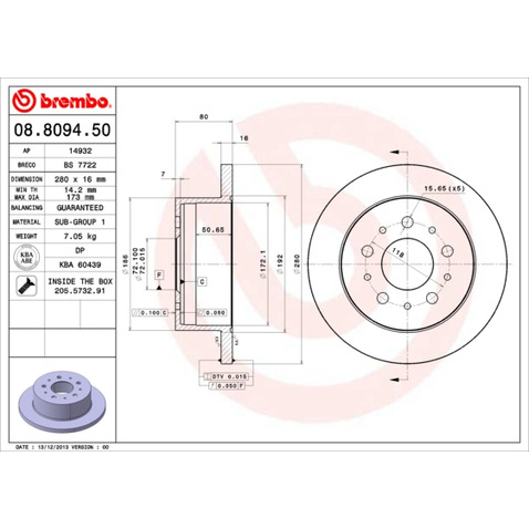 Tarcza hamulcowa BREMBO 08.8094.50
