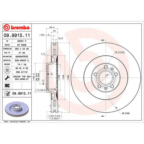 Tarcza hamulcowa BREMBO 09.9915.11