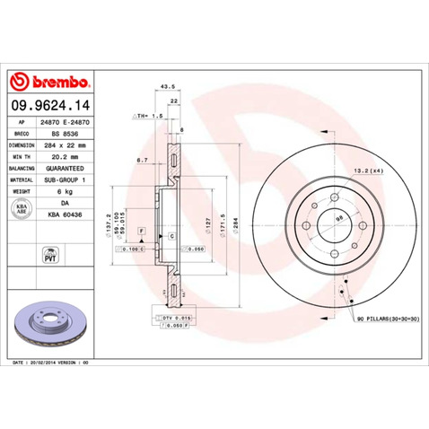 Tarcza hamulcowa BREMBO 09.9624.14
