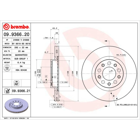 Tarcza hamulcowa BREMBO 09.9366.21
