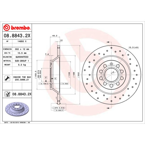 Tarcza hamulcowa BREMBO 08.8843.2X
