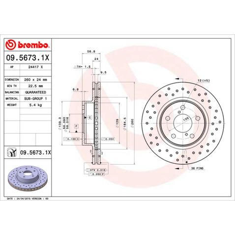 Tarcza hamulcowa BREMBO 09.5673.1X