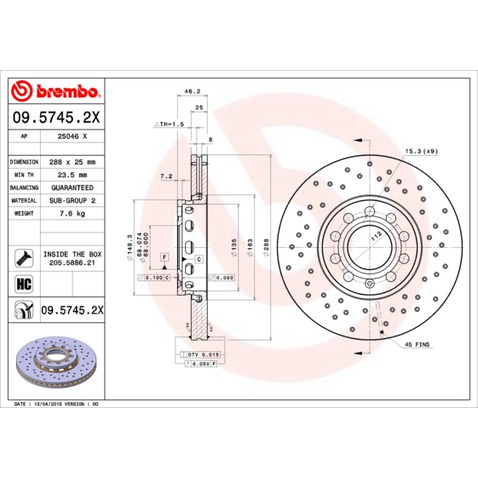 Tarcza hamulcowa BREMBO 09.5745.2X