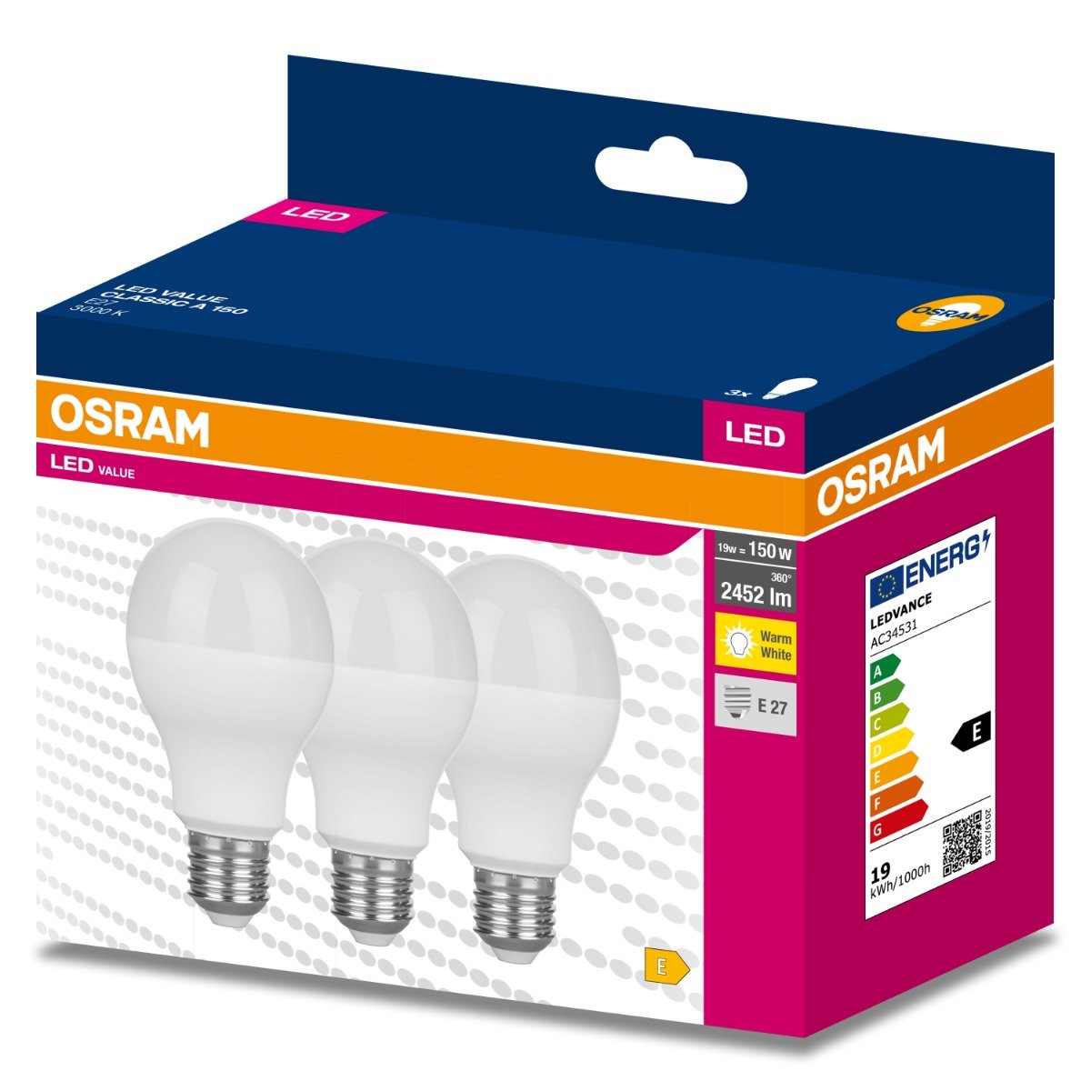 3PAK Żarówka LED E27 A60 19W = 150W 2452lm 3000K Ciepła 200° OSRAM VALUE