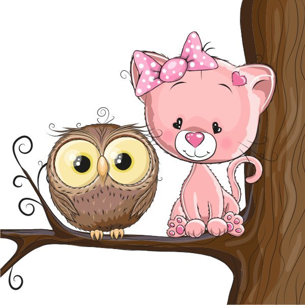 Naklejki ścienne dla dzieci kot sowa Kotek i sówka, 50x50 cm