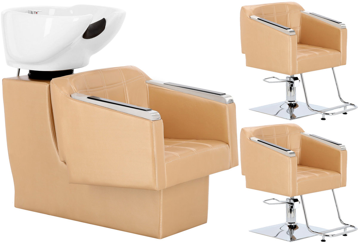 Pikos Zestaw złoty myjnia fryzjerska i 2 x fotel fryzjerski hydrauliczny obrotowy podnóżek do salonu fryzjerskiego myjka ruchoma misa ceramiczna arm..