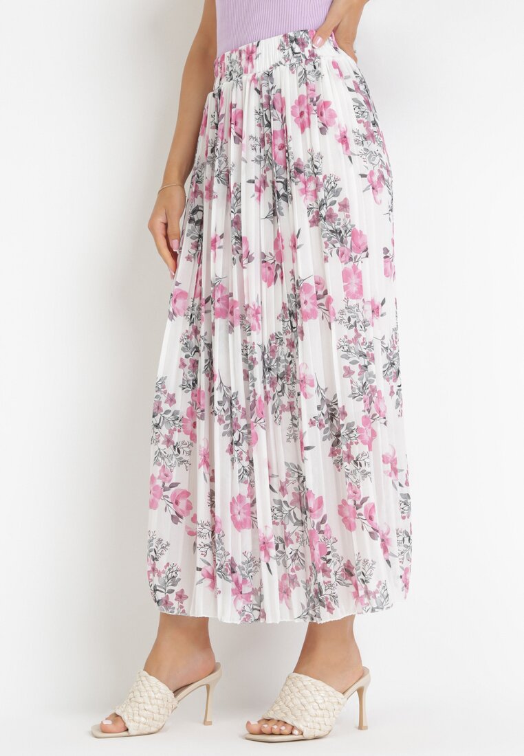 Biała Plisowana Spódnica z Gumką w Pasie i Podszewką w Kwiatowy Print Tarnoe