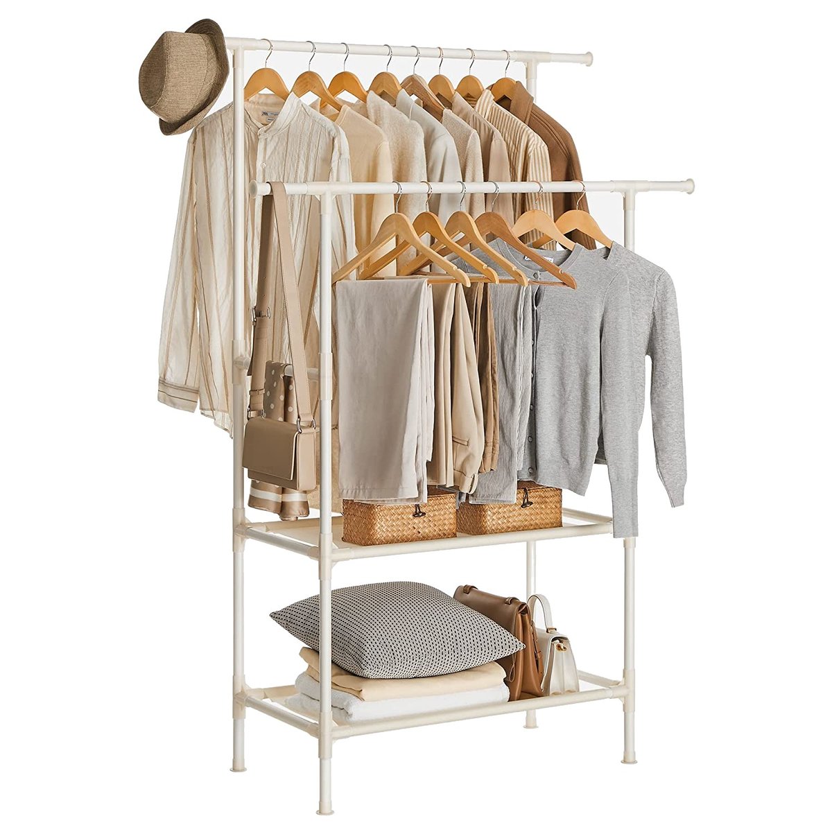 Stojący biały wieszak na ubrania z półkami 171 cm GLAMOUR