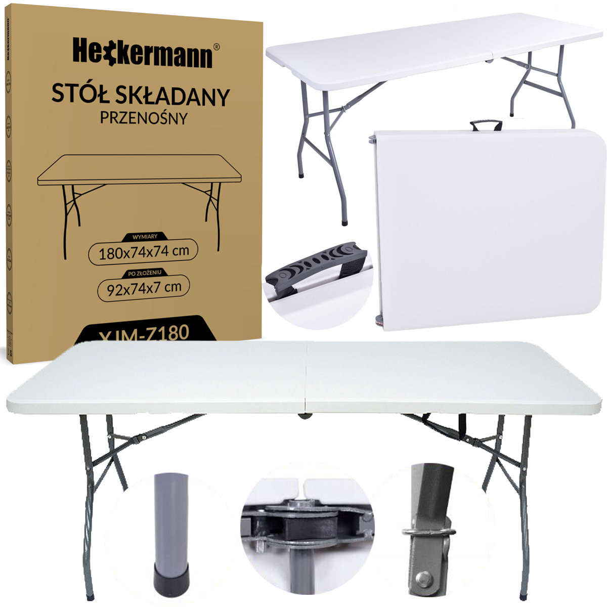 Stół składany 180x74cm turystyczny Heckermann XJM-Z180 Biały
