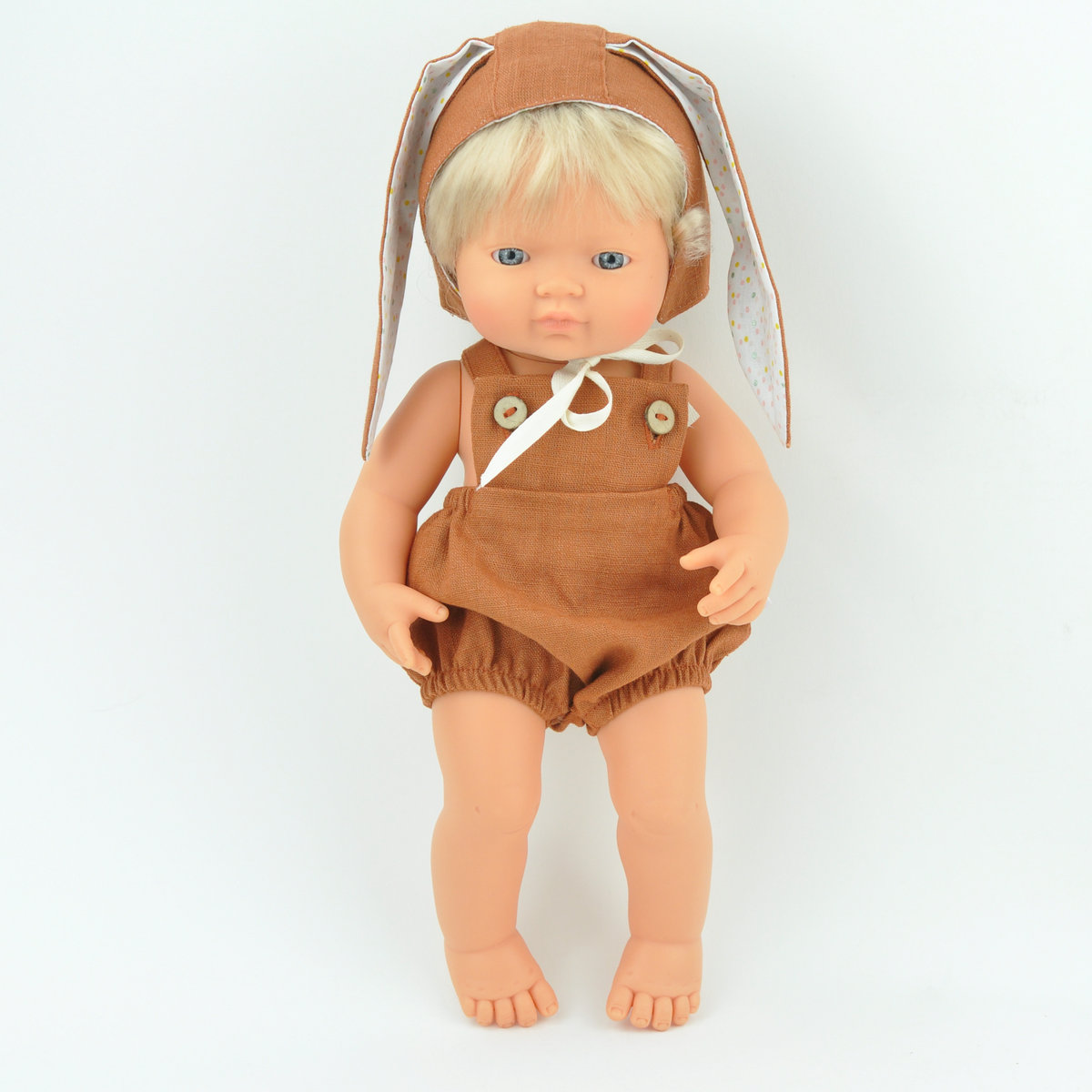 Ubranka z rudego lnu/Przytullale dla lalek Miniland 38cm, czapka królicze uszy