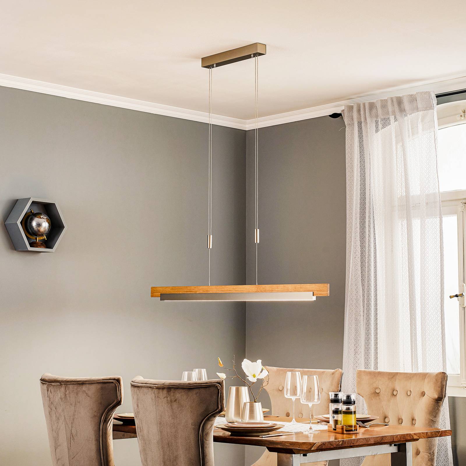 Rothfels Keijo żyrandol LED nikiel/dąb 118 cm