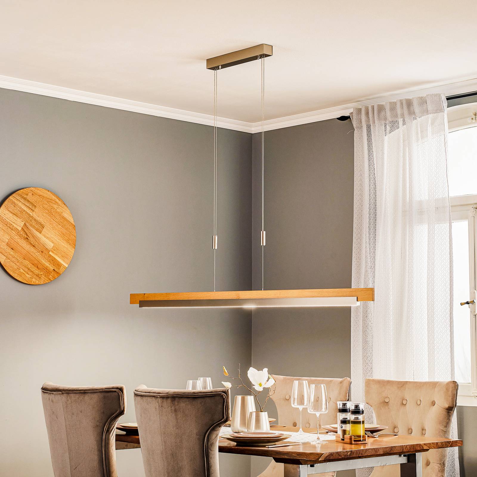 Rothfels Keijo żyrandol LED nikiel/dąb 158 cm